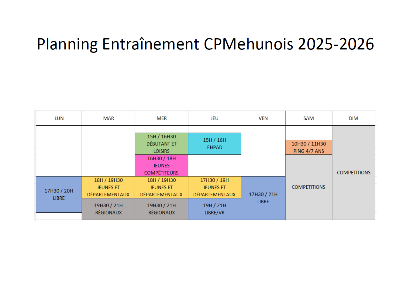 Planning des entraînements 2025/2026